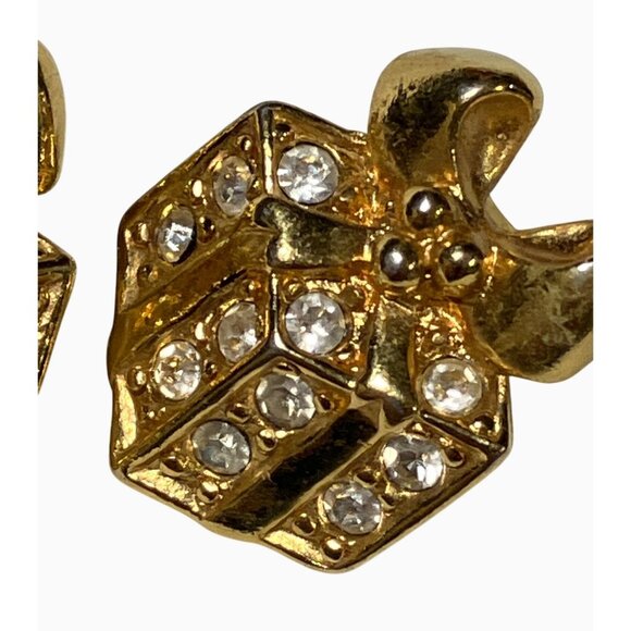 Avon Vintage Gold Tone Rhinestone Gift Box Shape Earrings - Picture 5 of 9